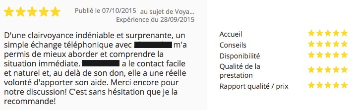 Avis positif publié le 07/10/2015, très complet, à propos du professionnalisme de la médium.