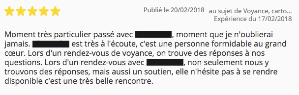 Avis publié le 20/02/2018 faisant l’éloge de la médium suite à une consultation, sur les conclusions de celle-ci.